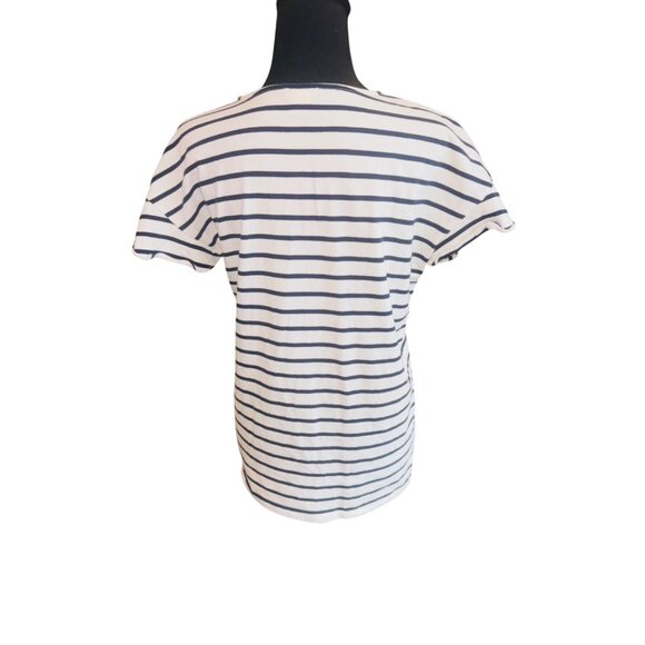 J.Crew Cap Sleeve Striped V-Neck Cotton Tee Shirt Navy/White M Nautical Sustaina - Picture 3 of 9